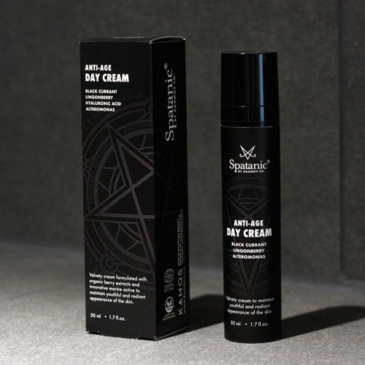 The Spatanic anti-age day cream is packed in a black bottle with decorative pentagram print.