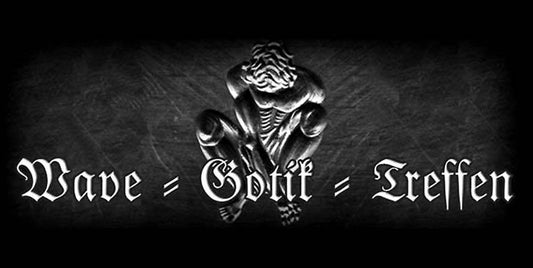 The poster of Wave Gotik Treffen gothic festival in Leipgiz Germany features a gargoyle-like character and black background.