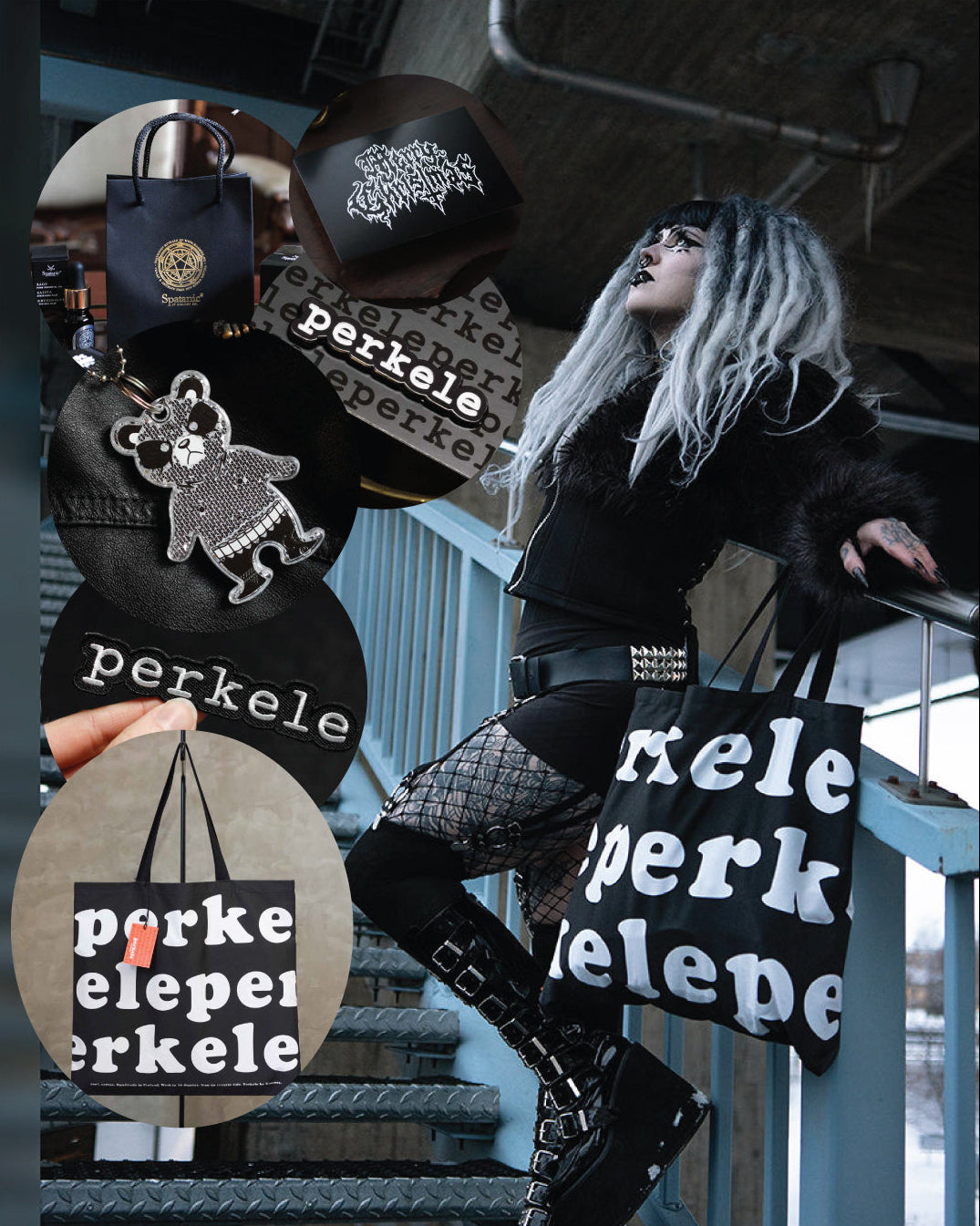 Person with gray hair holding a black bag with 'perkele' branding, surrounded by various bags and accessories.