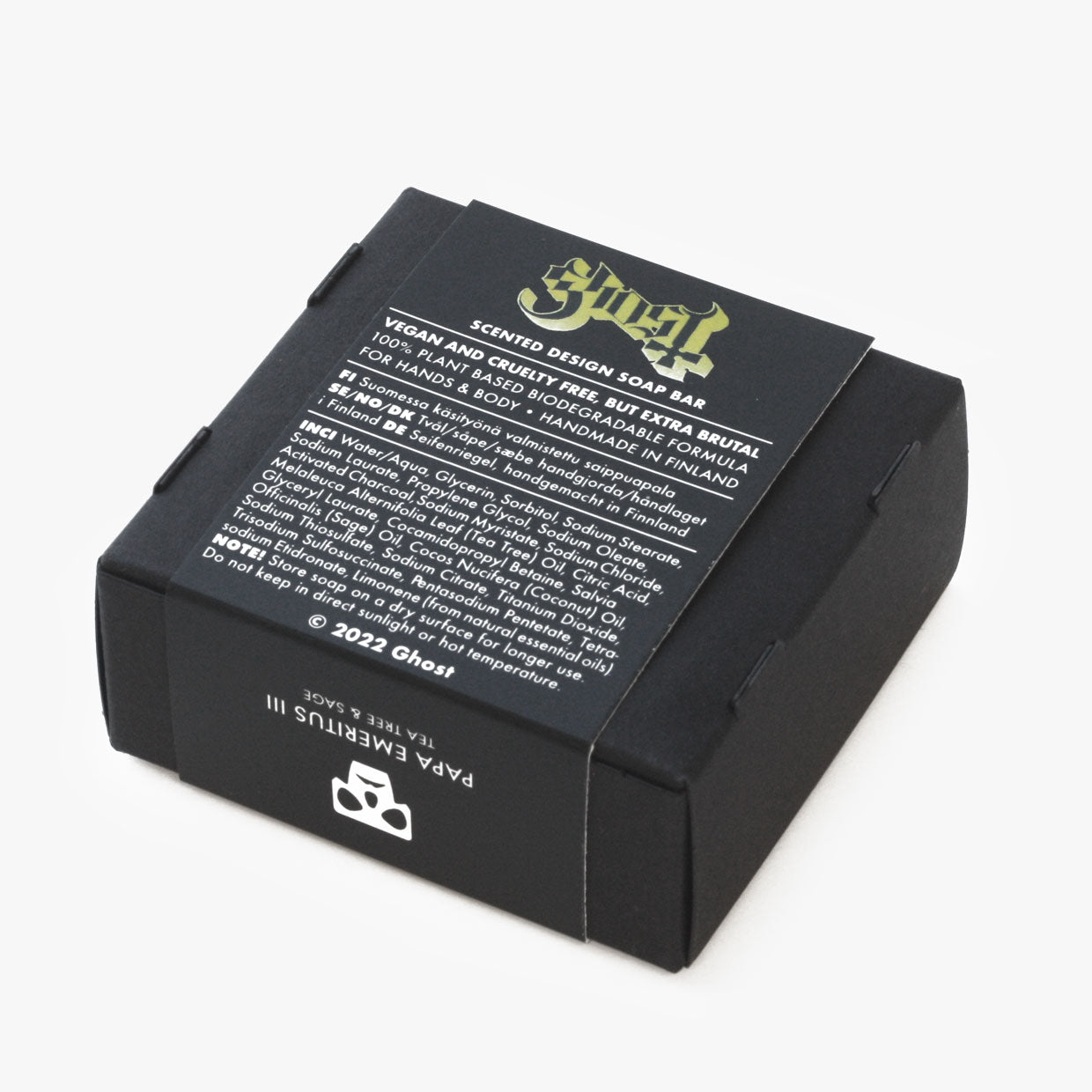Official Ghost soap in the image of Papa Emeritus Terzo III black cardboard box back side with Ghost logo